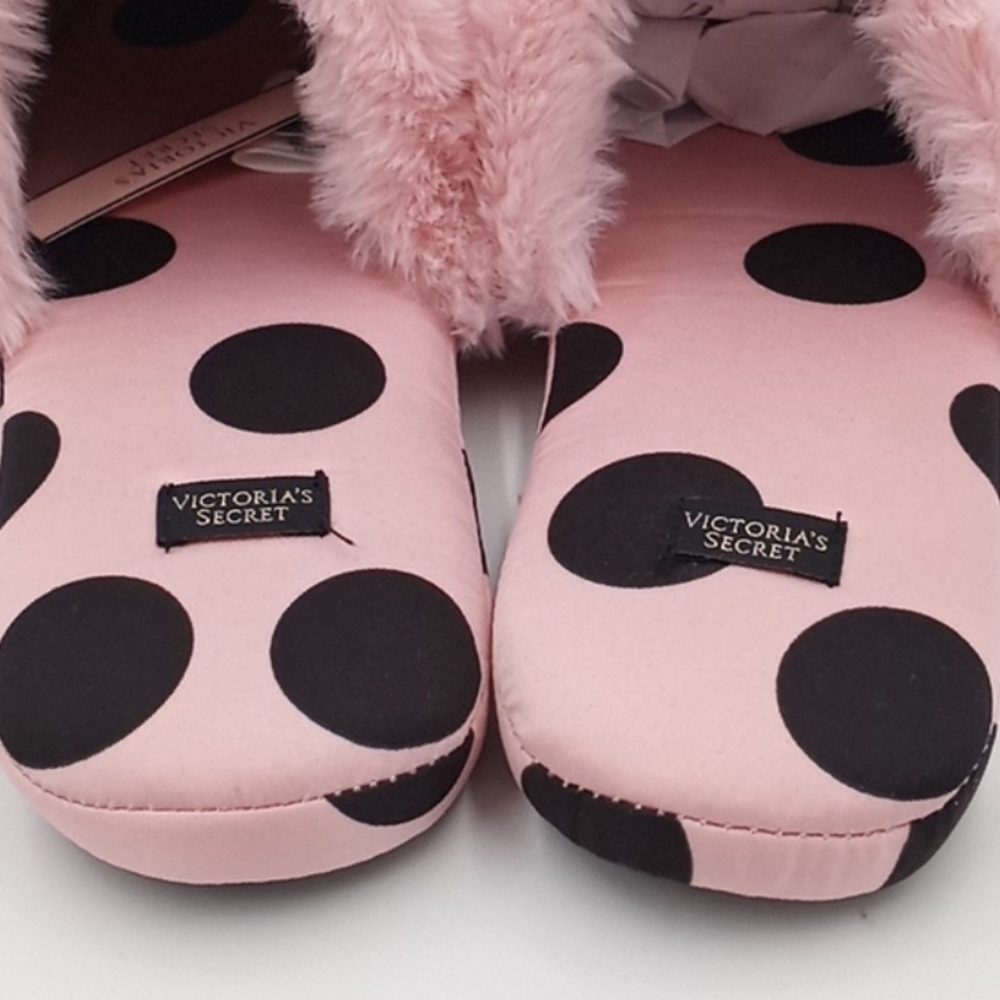Victoria's Secret Signature Satin Slipper Pink Black Polka Dot with Faux Fur M - Picture 3 of 5